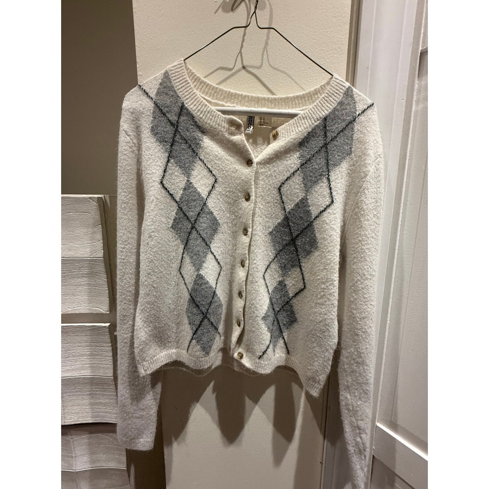 H&M Divided Women Argyle Cardigan Sweater Cream Grey Button Front Size M